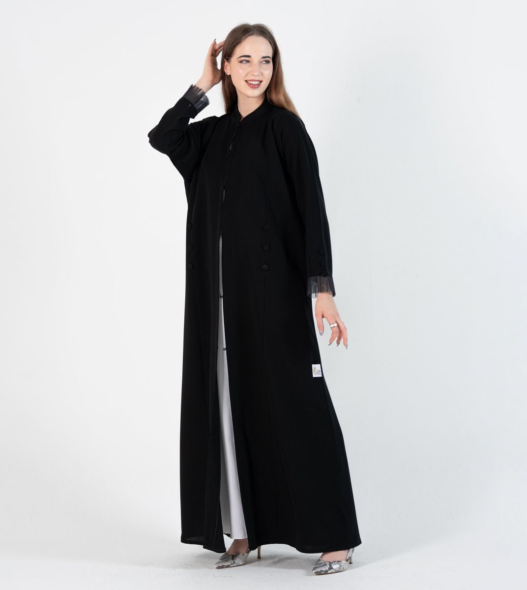 Abaya with Button style and pleated design on sleeves - Black Rosette Abaya - Women's Abayas 3
