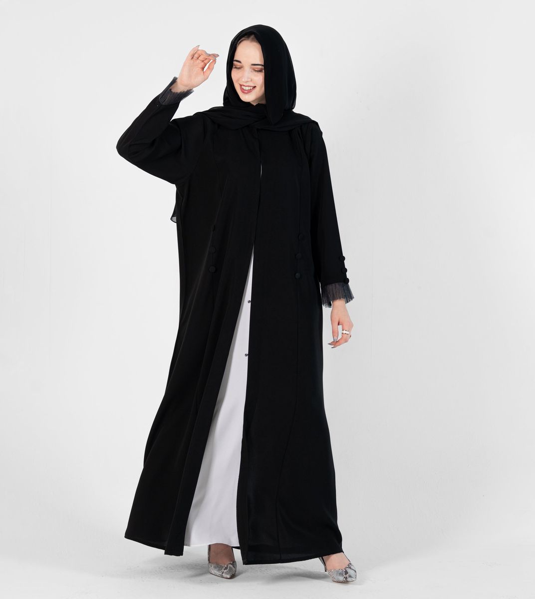 Abaya with Button style and pleated design on sleeves - Black Rosette Abaya - Women's Abayas 4