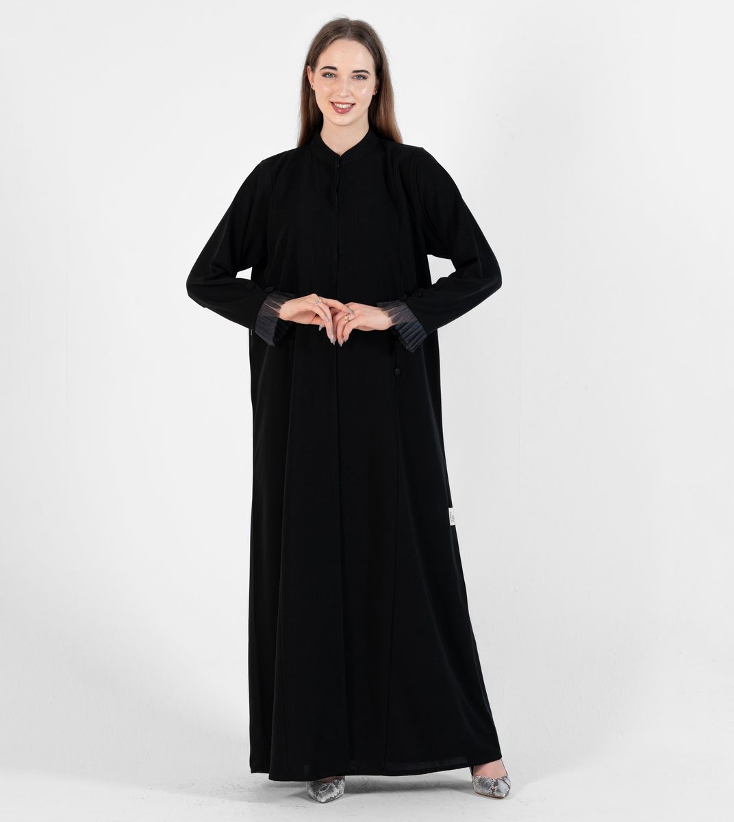 Abaya with Button style and pleated design on sleeves - Black Rosette Abaya - Women's Abayas