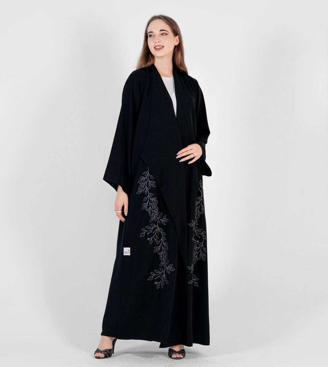 Abaya with Stitching design Silver and black Rosette Abaya - Women's Abayas 3