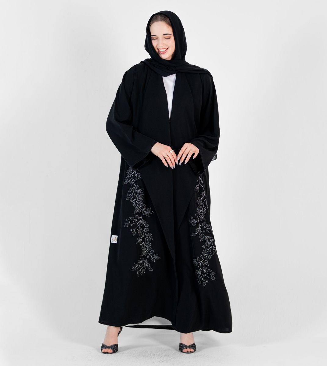 Abaya with Stitching design Silver and black Rosette Abaya - Women's Abayas 4
