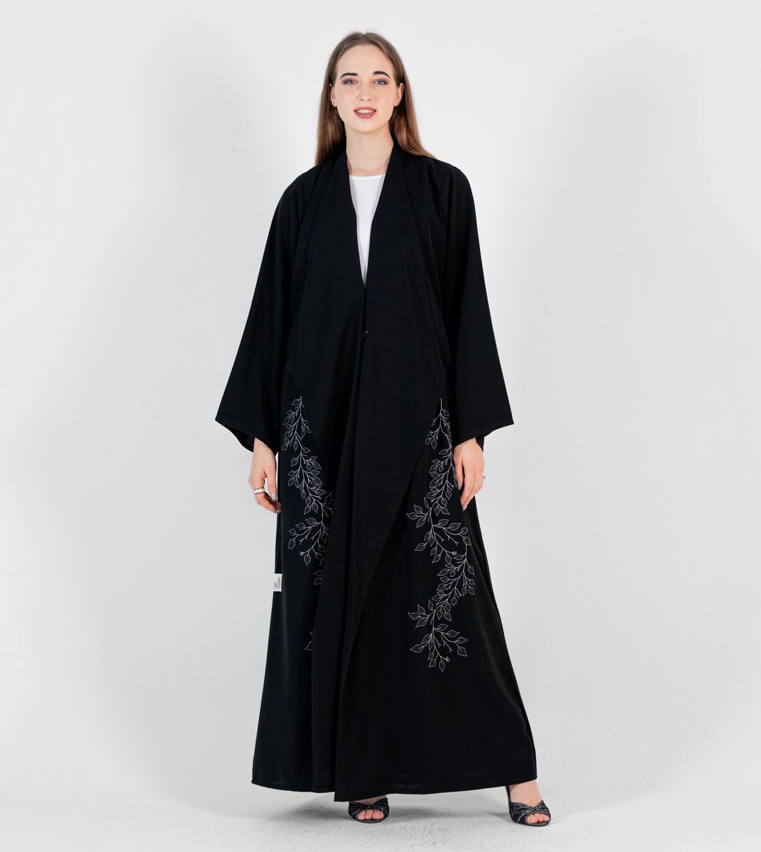 Abaya with Stitching design Silver and black Rosette Abaya - Women's Abayas