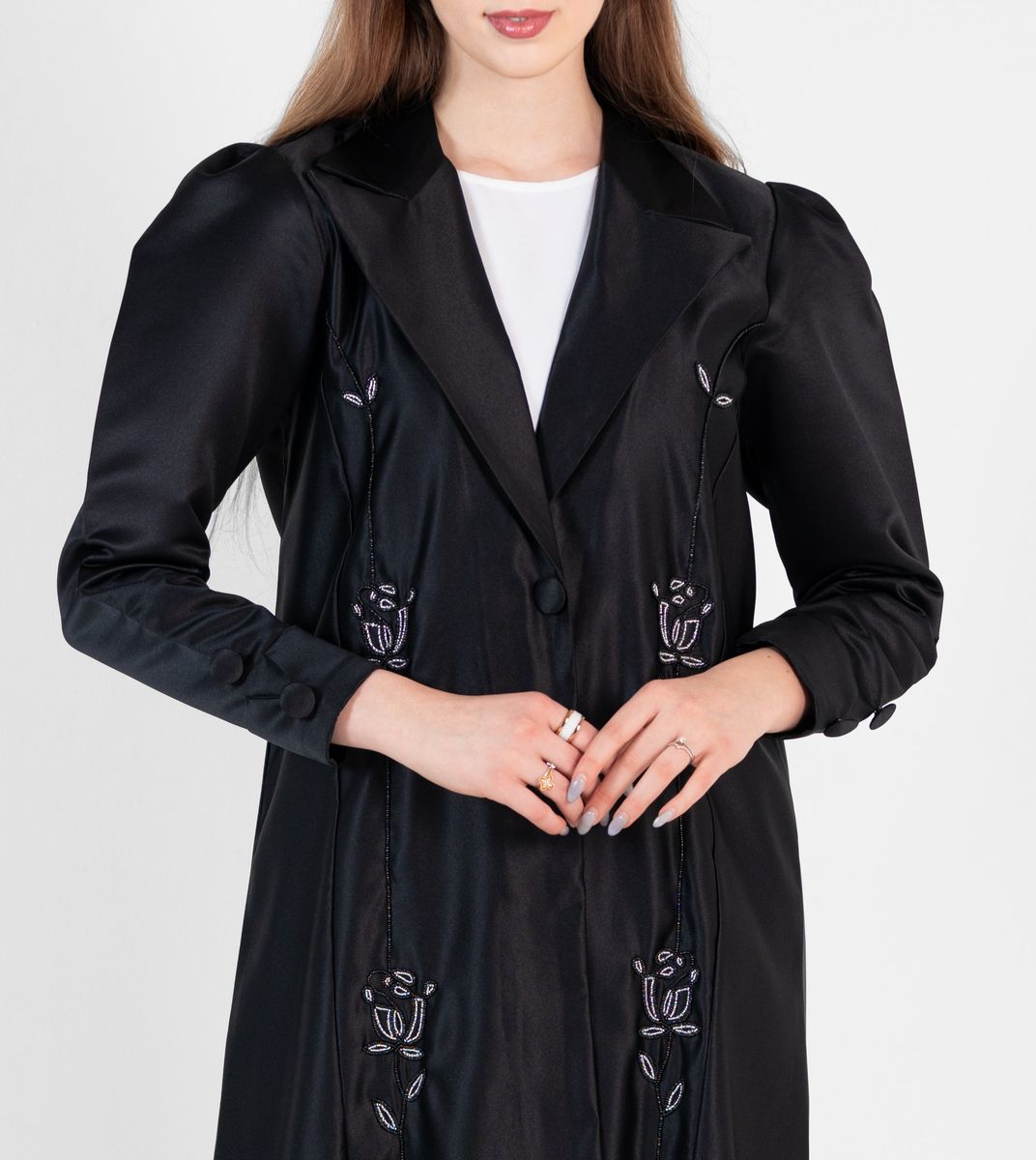 Black abaya with jacket style with silver hand embroidery and puff sleeves+button Rosette Abaya - Women's Abayas 1