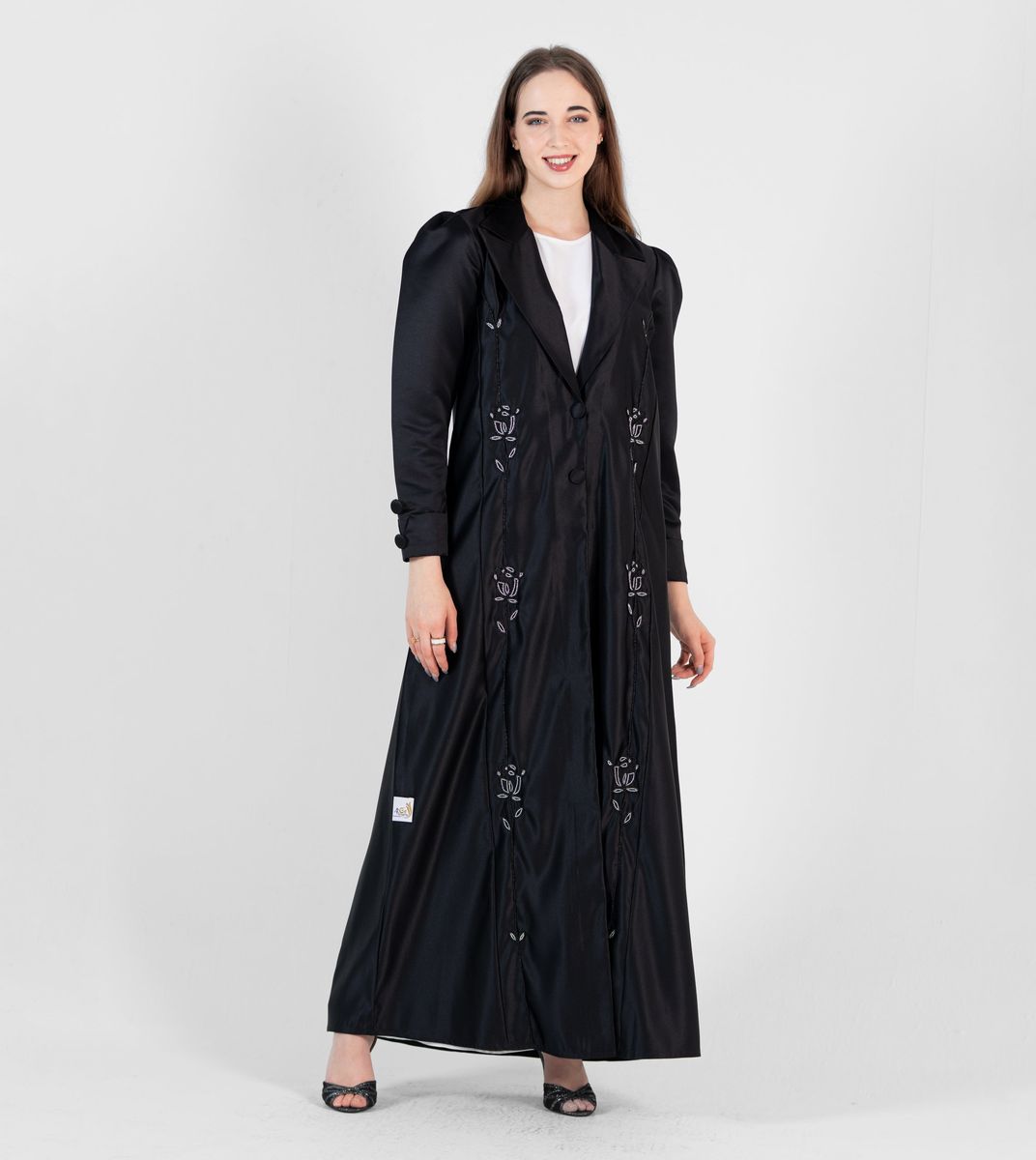 Black abaya with jacket style with silver hand embroidery and puff sleeves+button Rosette Abaya - Women's Abayas