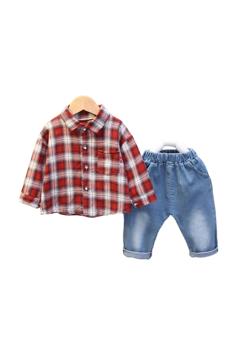 Stylish Casual Ensemble - Red Shirt With Medium Wash Denim Pant Stylish Casual Ensemble - Red Shirt With Medium Wash Denim Pant