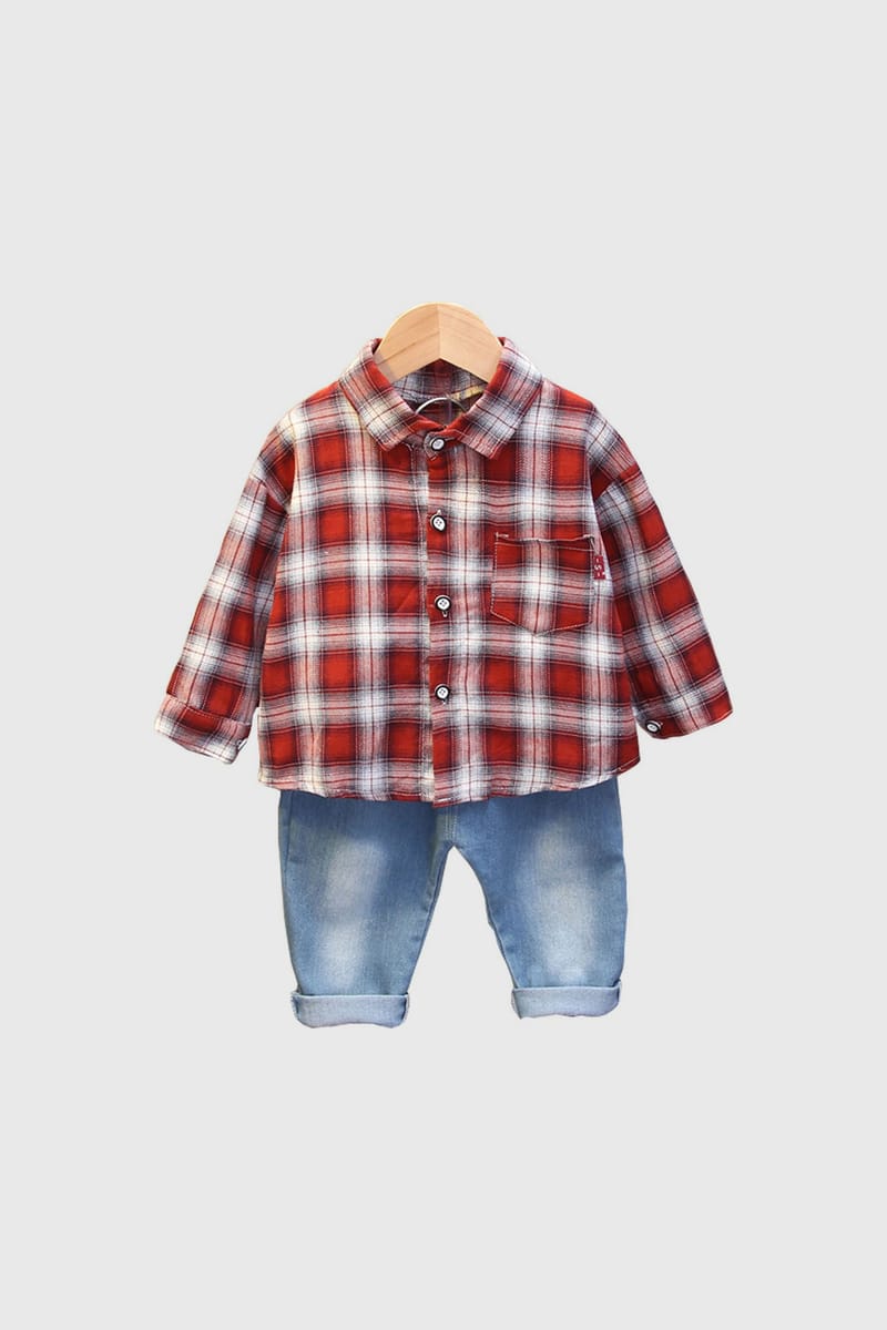 Stylish Casual Ensemble - Red Shirt With Medium Wash Denim Pant Generic - Kids's Dresses