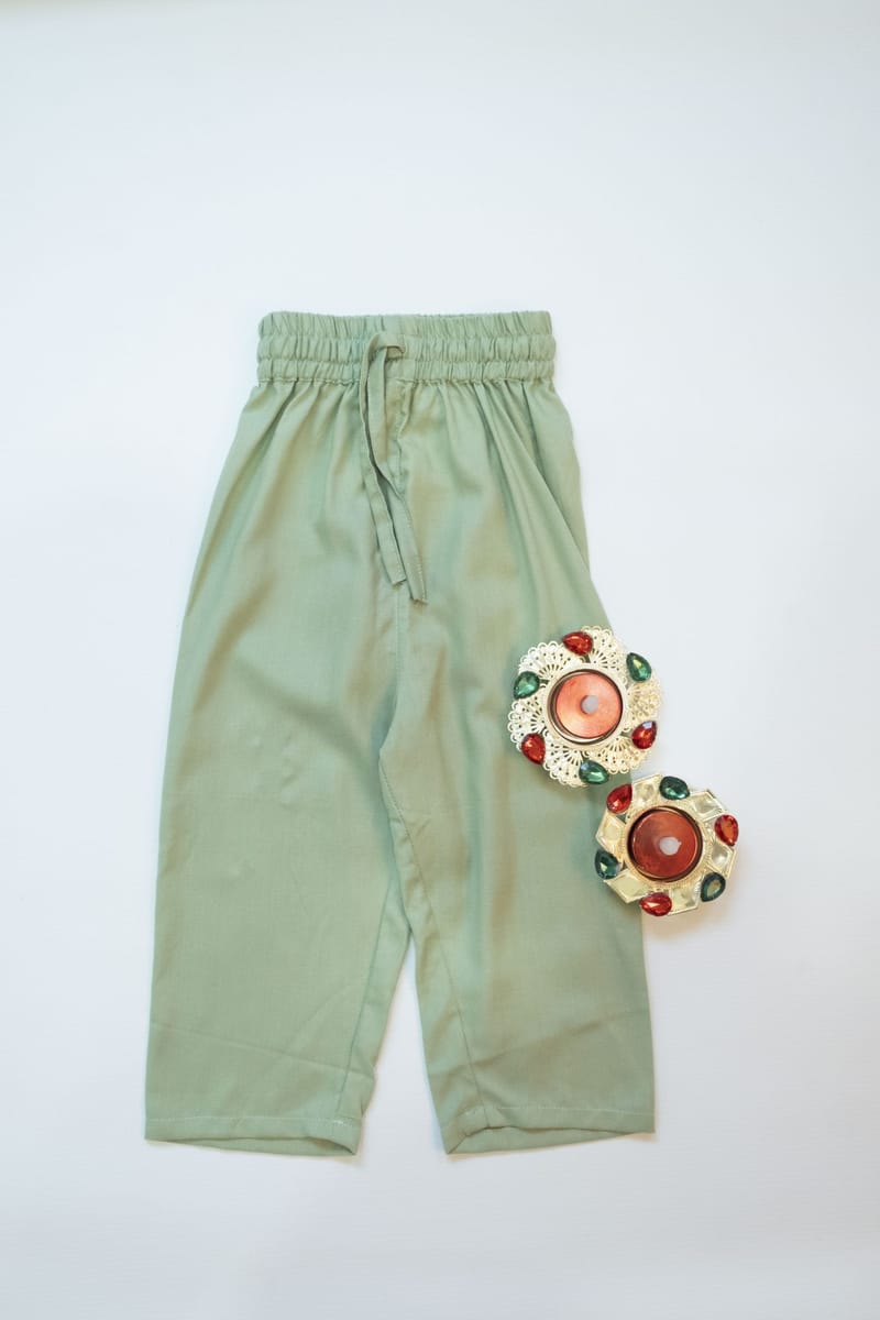 Mint Green Kurta Pajama with Peach color Block Print Jacket Kyara - Kids's Dresses 2