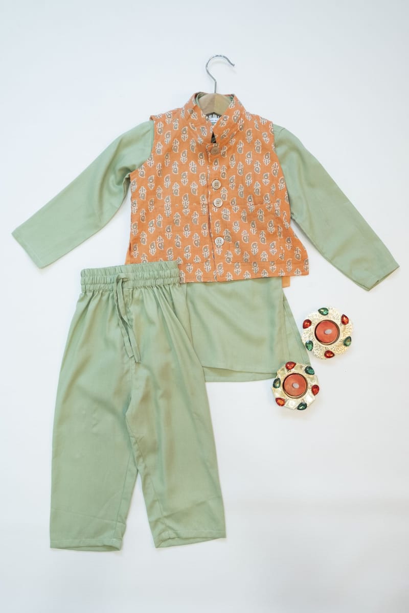 Mint Green Kurta Pajama with Peach color Block Print Jacket Kyara - Kids's Dresses 3