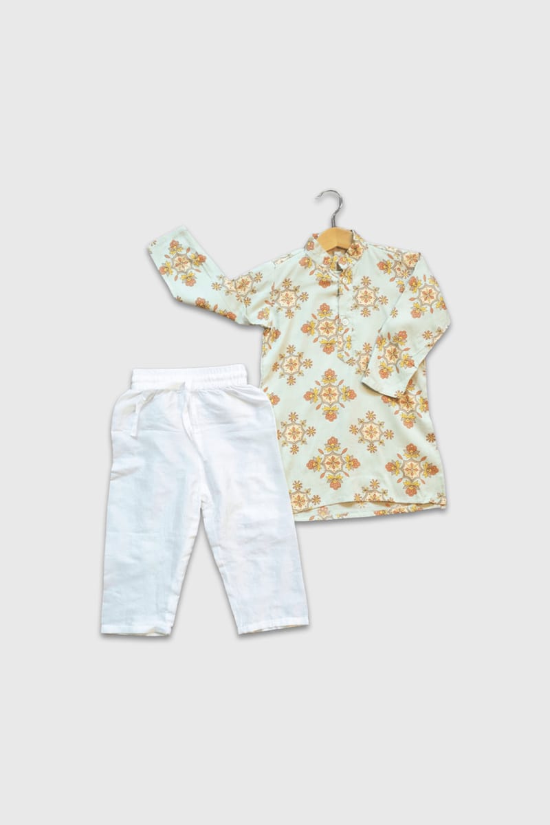 Pista Green Floral Print Kurta And Pyjama Generic - Kids's Dresses