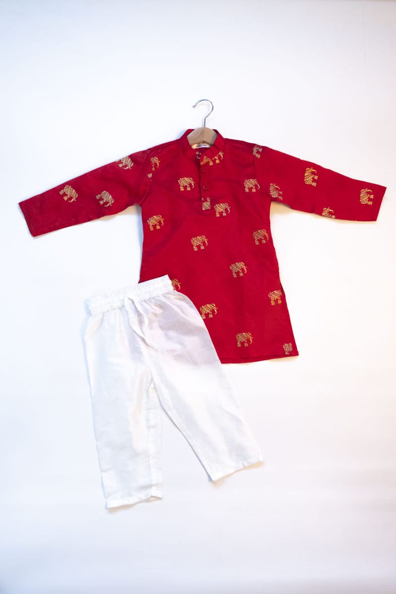 Red Elephant Gold Foil Printed Kurta With Pajama Kyara - Kids's Dresses 1
