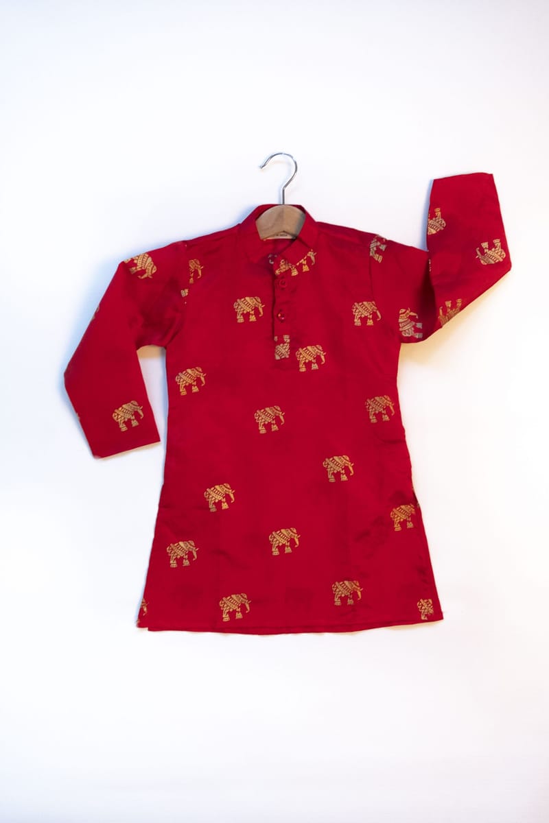 Red Elephant Gold Foil Printed Kurta With Pajama Kyara - Kids's Dresses 2
