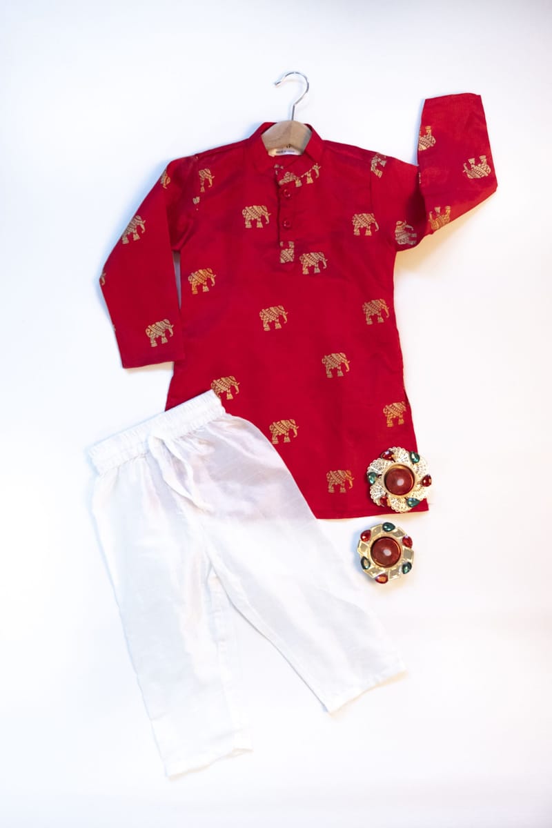 Red Elephant Gold Foil Printed Kurta With Pajama Kyara - Kids's Dresses 13