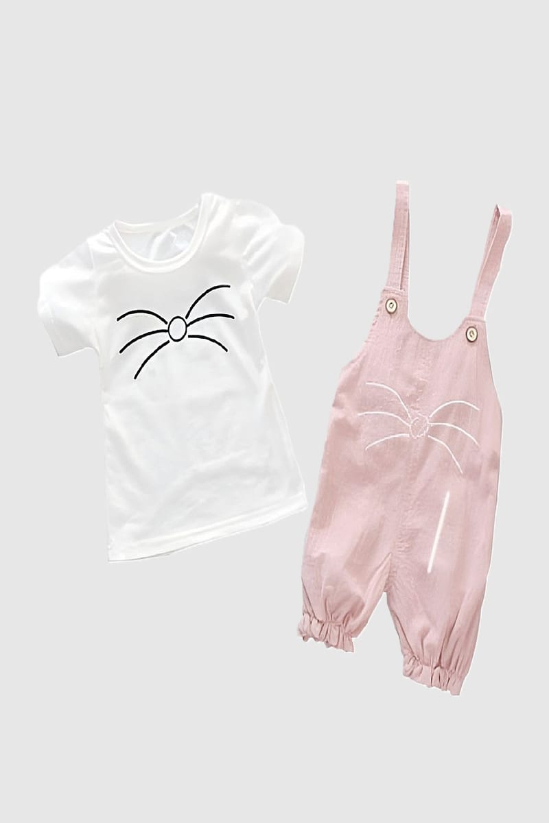 Stylish Girls' Whiskers Shorts Dungaree Set In White/Pink