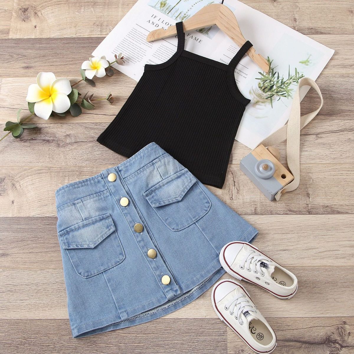 Myra Black Ribbed Cotton Spaghetti Top with Denim Skirt Generic - Kids's Casual Dresses 7