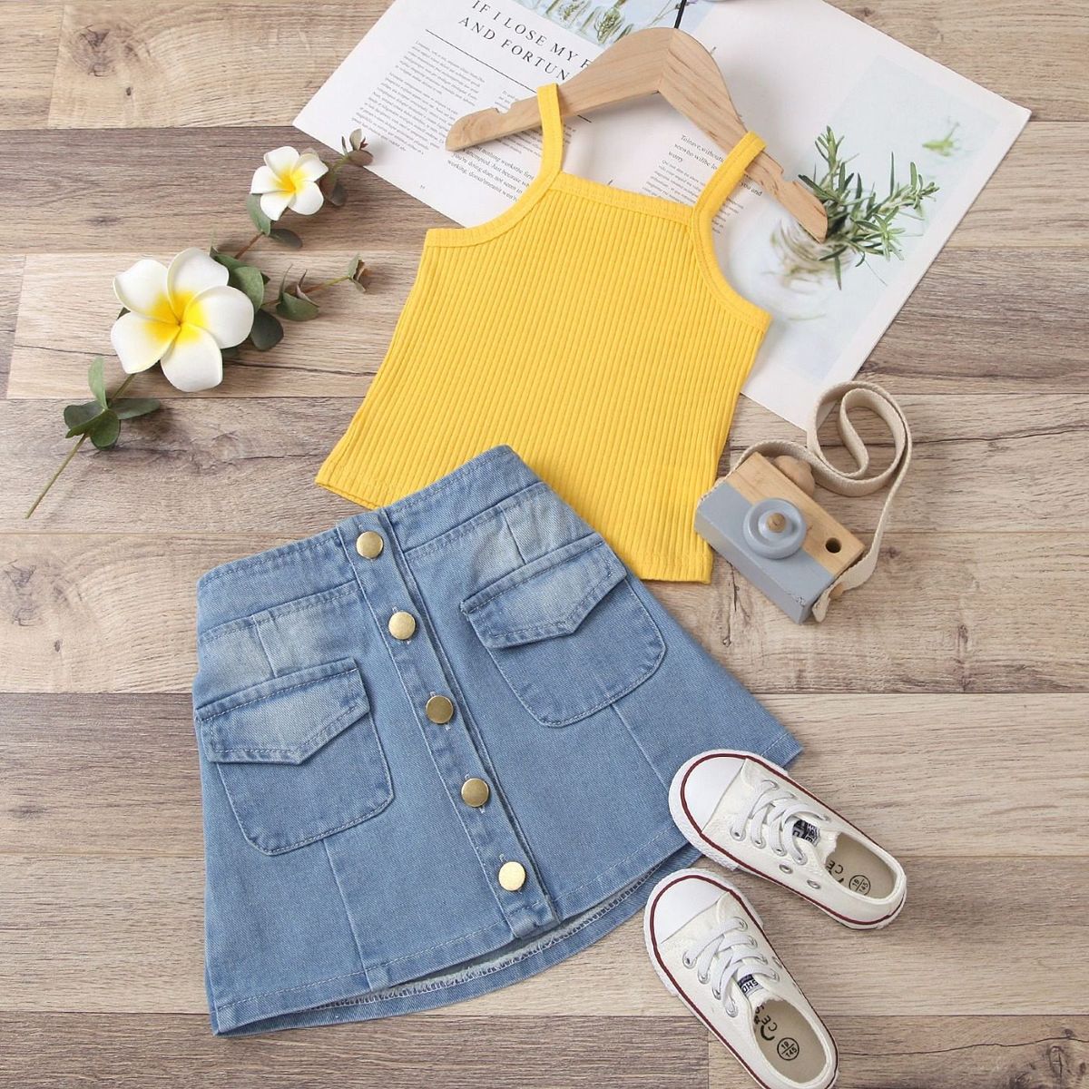Myra Yellow Ribbed Cotton Spaghetti Top with Denim Skirt Generic - Kids's Casual Dresses 7