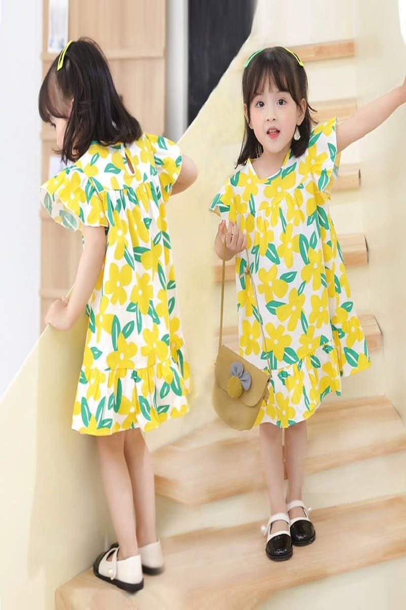 Kathrine Dress – Pure Cotton Floral Yellow Print With Flutter Sleeves Kathrine Dress – Pure Cotton Floral Yellow Print With Flutter Sleeves
