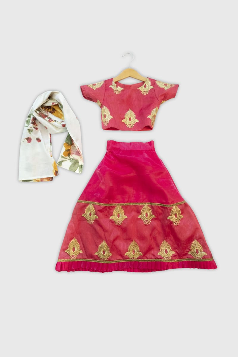 Embroidered Coral Red Lehenga With Floral Dupatta