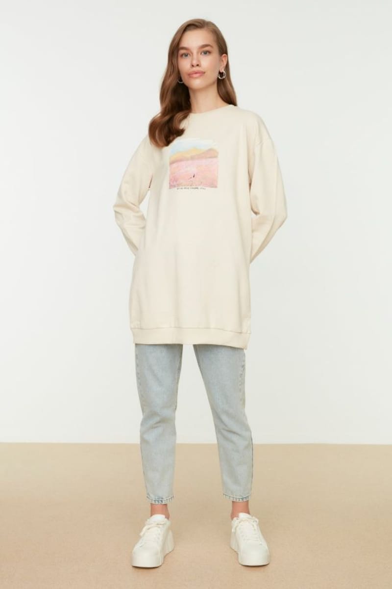 Beige Front Printed Knitted Tunic Women's Sweatshirt - Sweatshirts 1