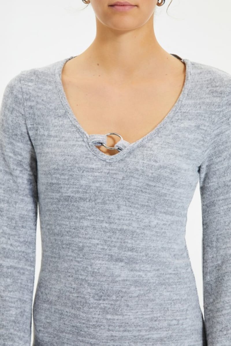 V-Neck Knitted Bell Sleeve Women's Dress - Grey Trendyol - Women's Mini Dresses 2