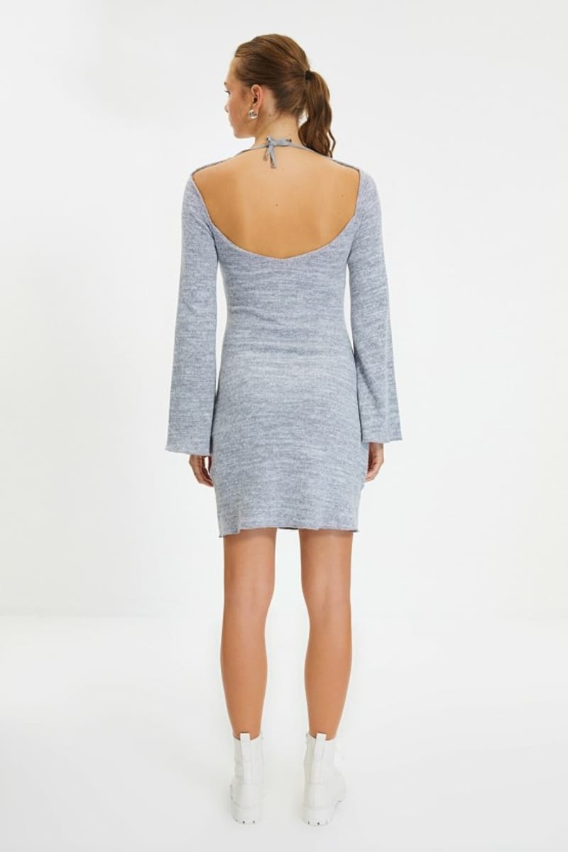 V-Neck Knitted Bell Sleeve Women's Dress - Grey Trendyol - Women's Mini Dresses 4