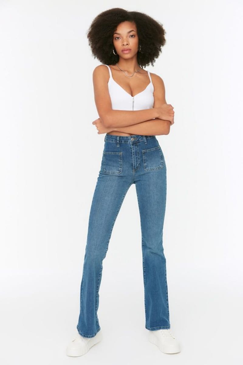 Blue Faded High Waist Flared Women's Jeans Trendyol - Women's Straight Jeans 1
