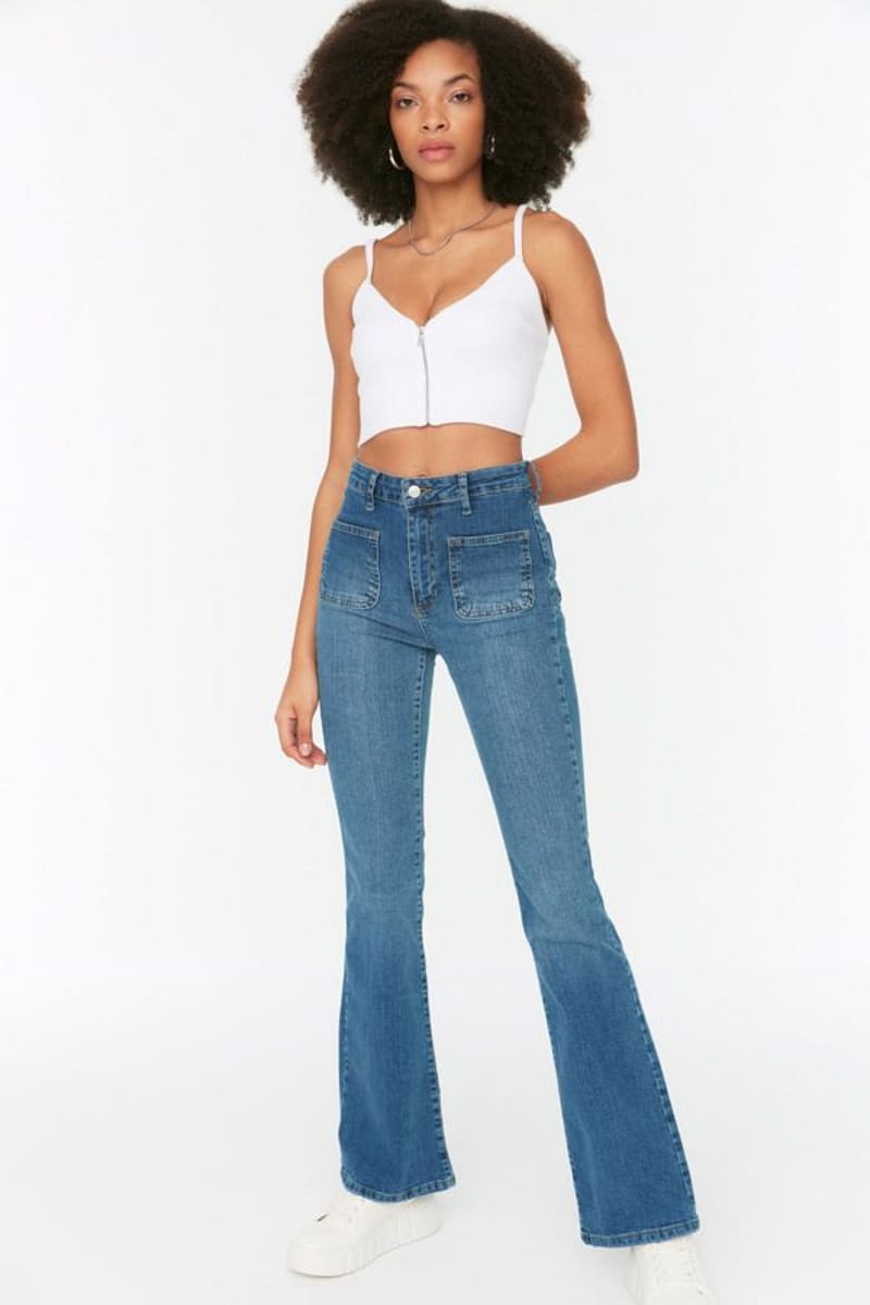 Blue Faded High Waist Flared Women's Jeans Trendyol - Women's Straight Jeans 2