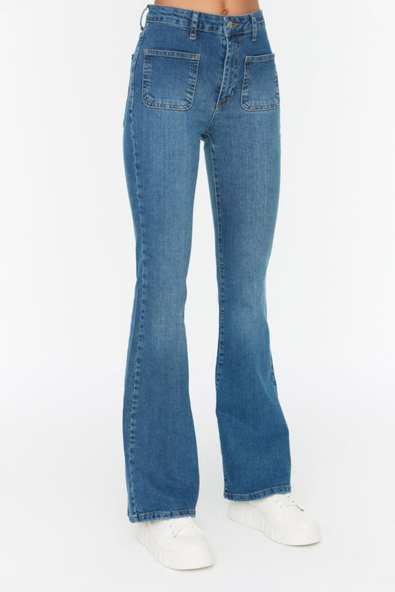 Blue Faded High Waist Flared Women's Jeans Trendyol - Women's Straight Jeans 3