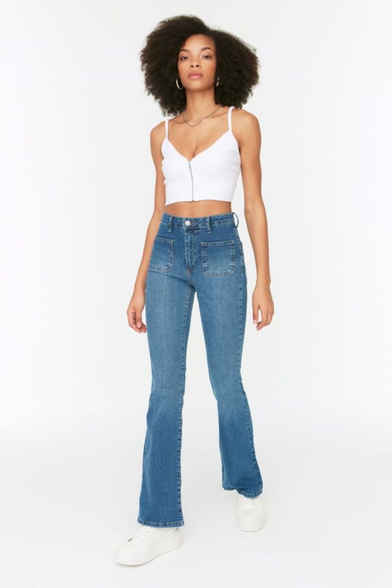 Blue Faded High Waist Flared Women's Jeans Trendyol - Women's Straight Jeans 9