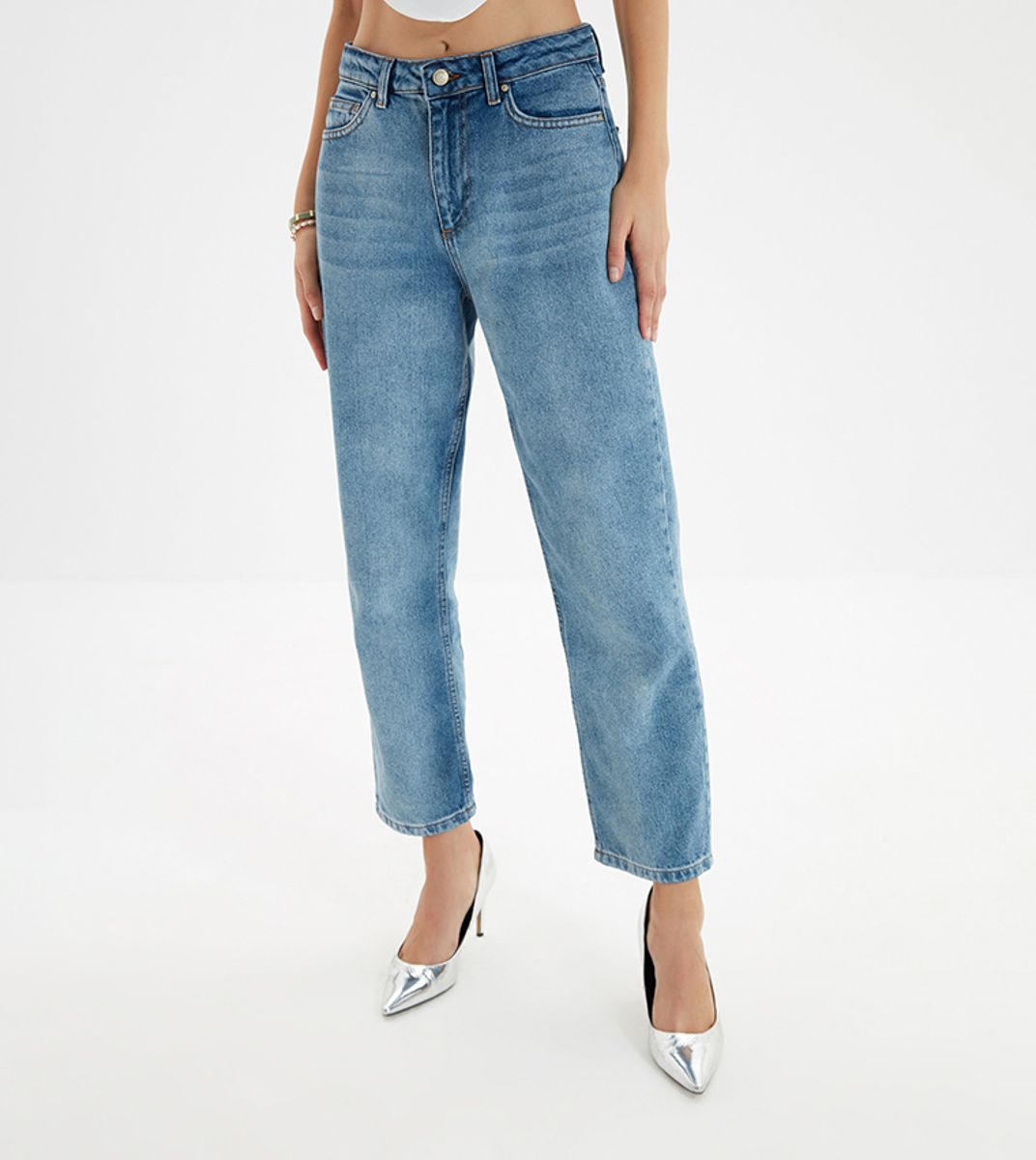Blue Faded High Waist Women's Jeans Trendyol - Women's Straight Jeans 2