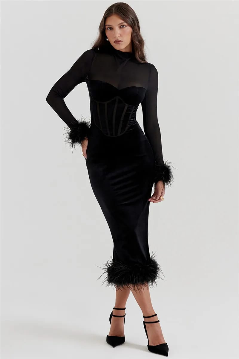 Sheer Long Sleeve Feather Detail Midi Dress Mozision - Women's Midi Dresses