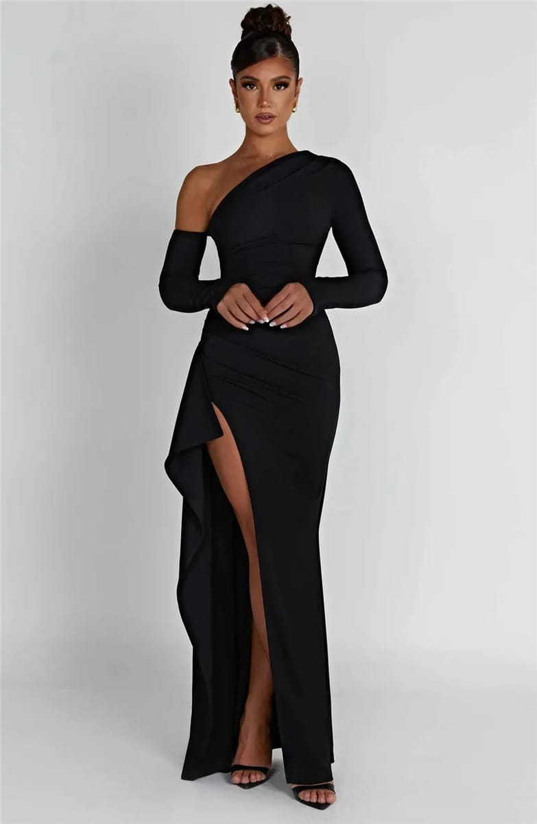 Oblique Shoulder Thigh-High Split Maxi Dress for Women Mozision - Women's Maxi Dresses
