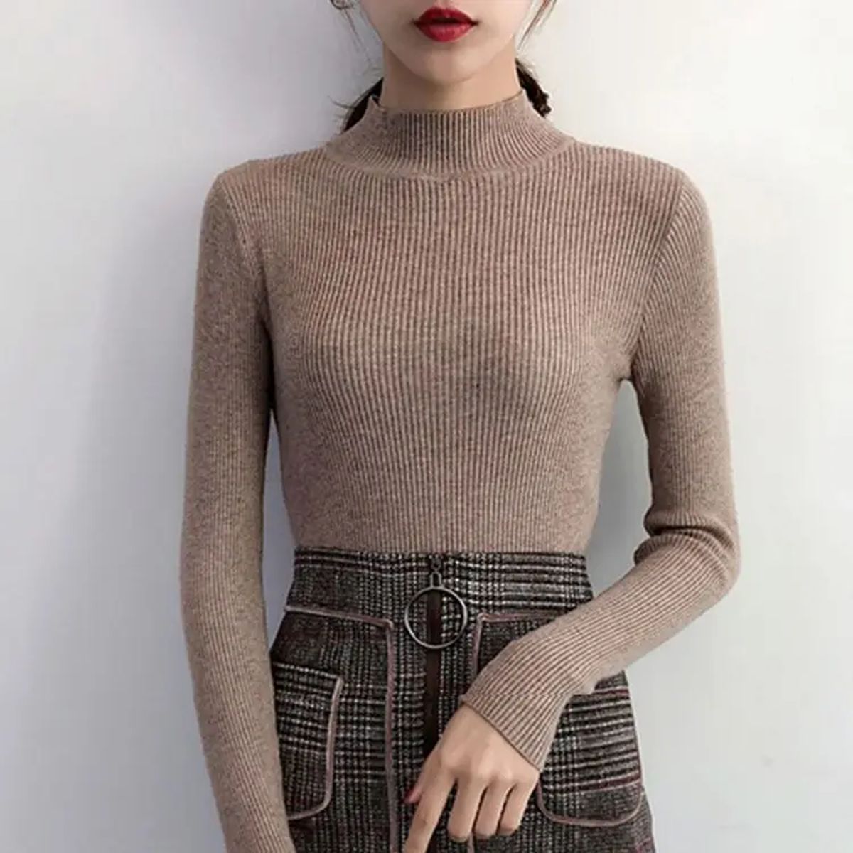 Autumn Winter Women's Mock Neck Knitted Sweater Aossviao - Women's Sweaters