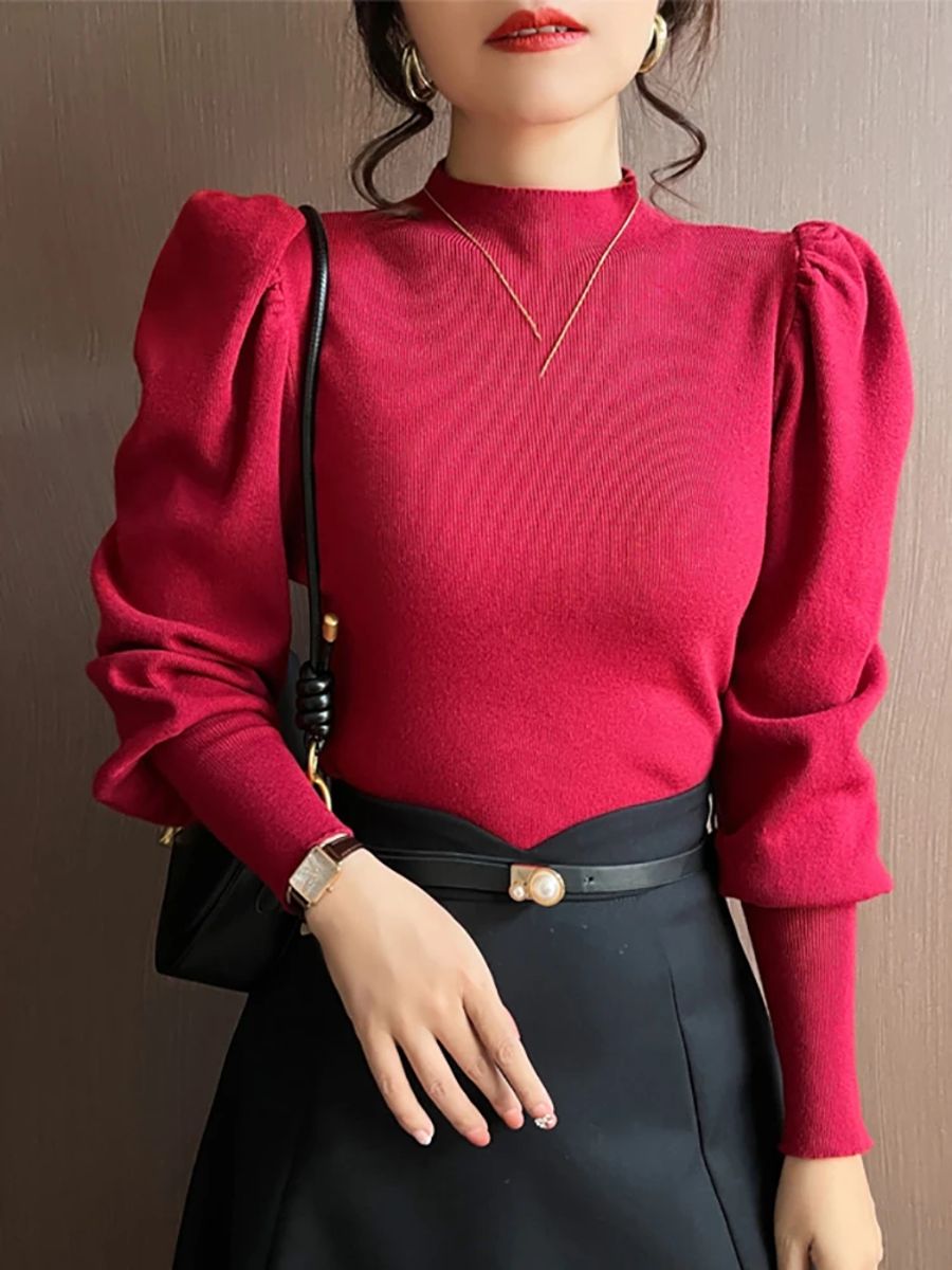 Turtleneck Puff Sleeve Slim Knit Sweater for Autumn/Winter Aossviao - Women's Sweatshirts