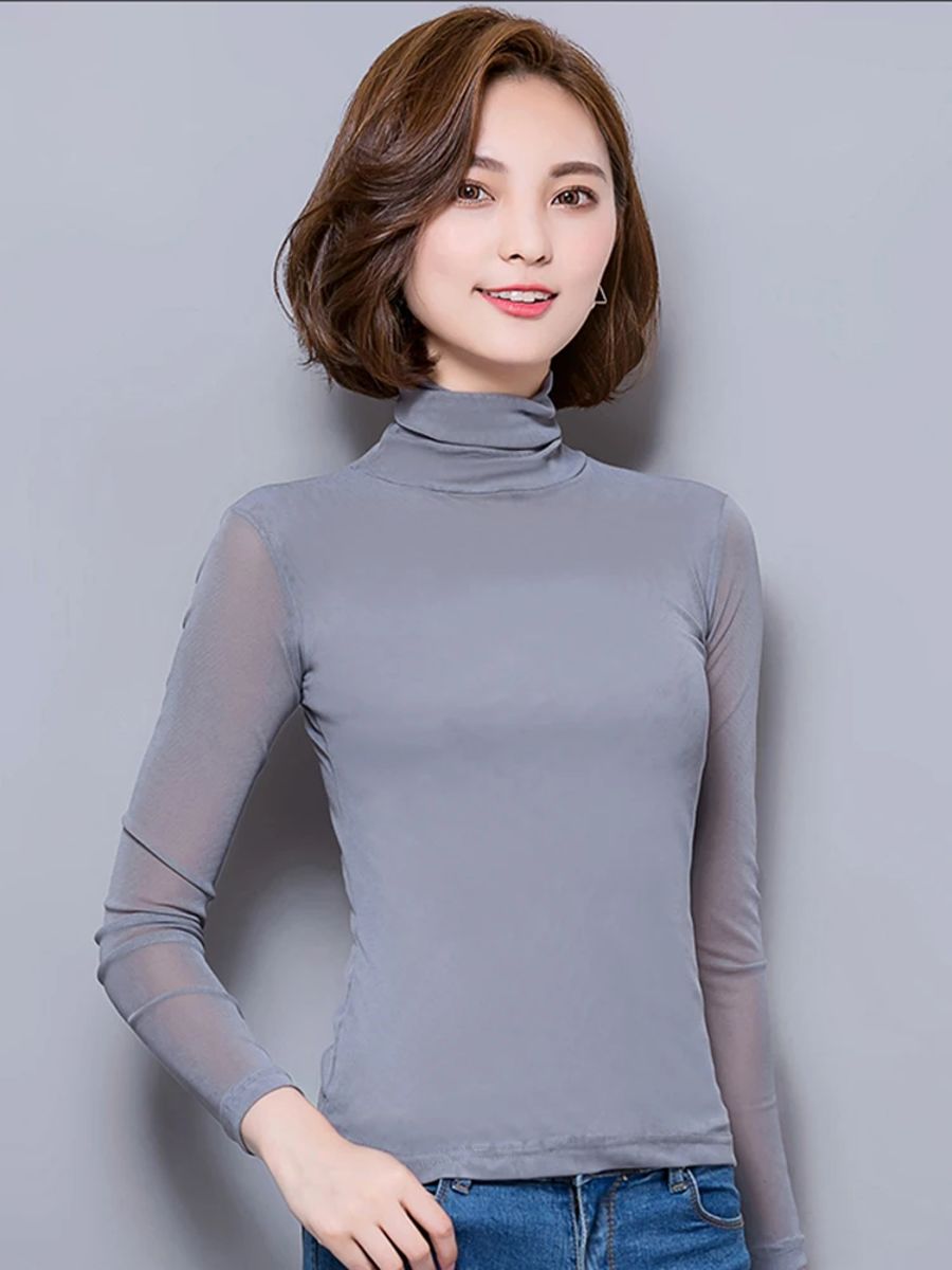 Elegant Lace Turtleneck Chiffon Top for Women Aossviao - Women's Long Sleeve Tops