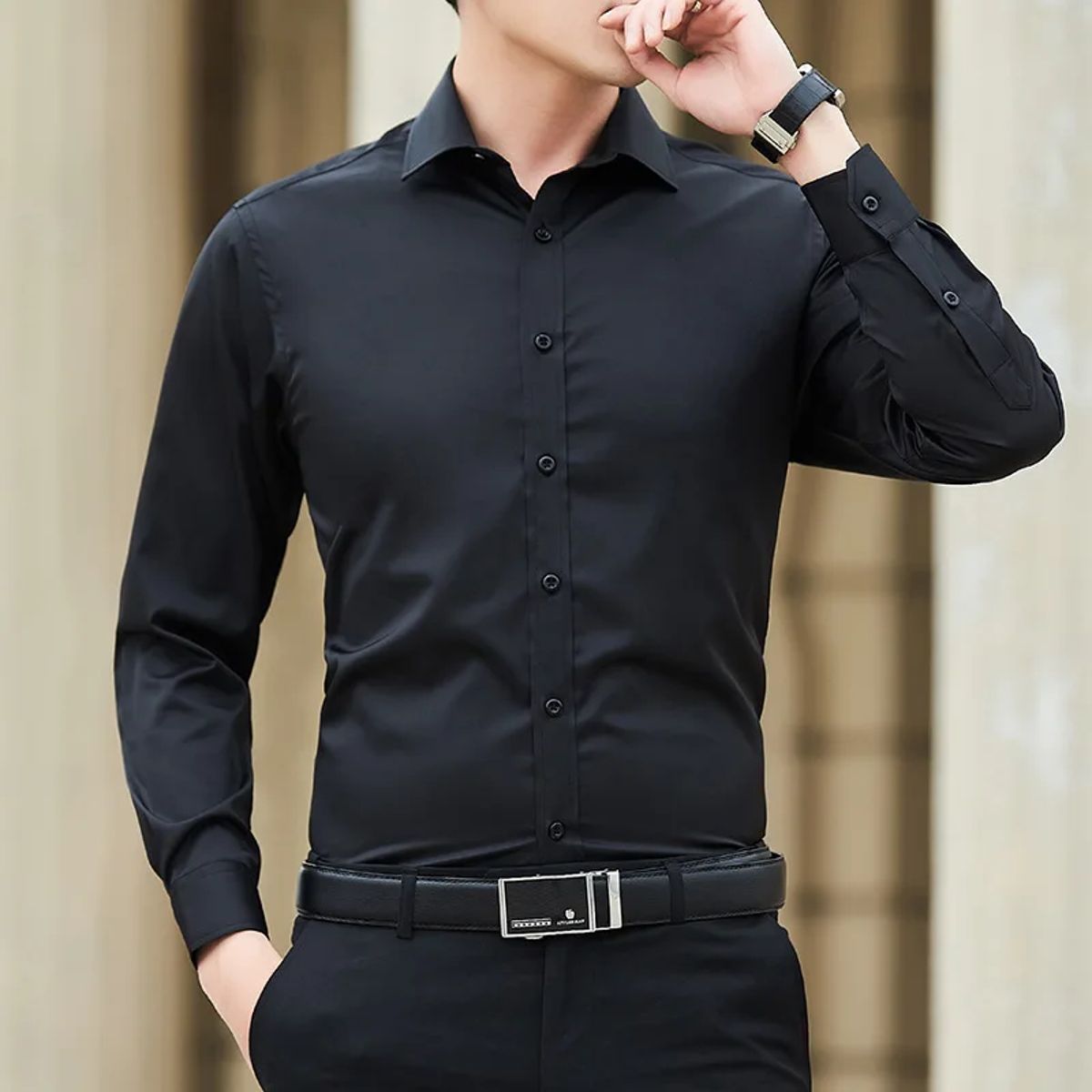 Plus Size Solid Color Business Shirt – Classic Long Sleeve Slim Fit Dress Shirt Neverfunction - Men's Long Sleeves Shirts
