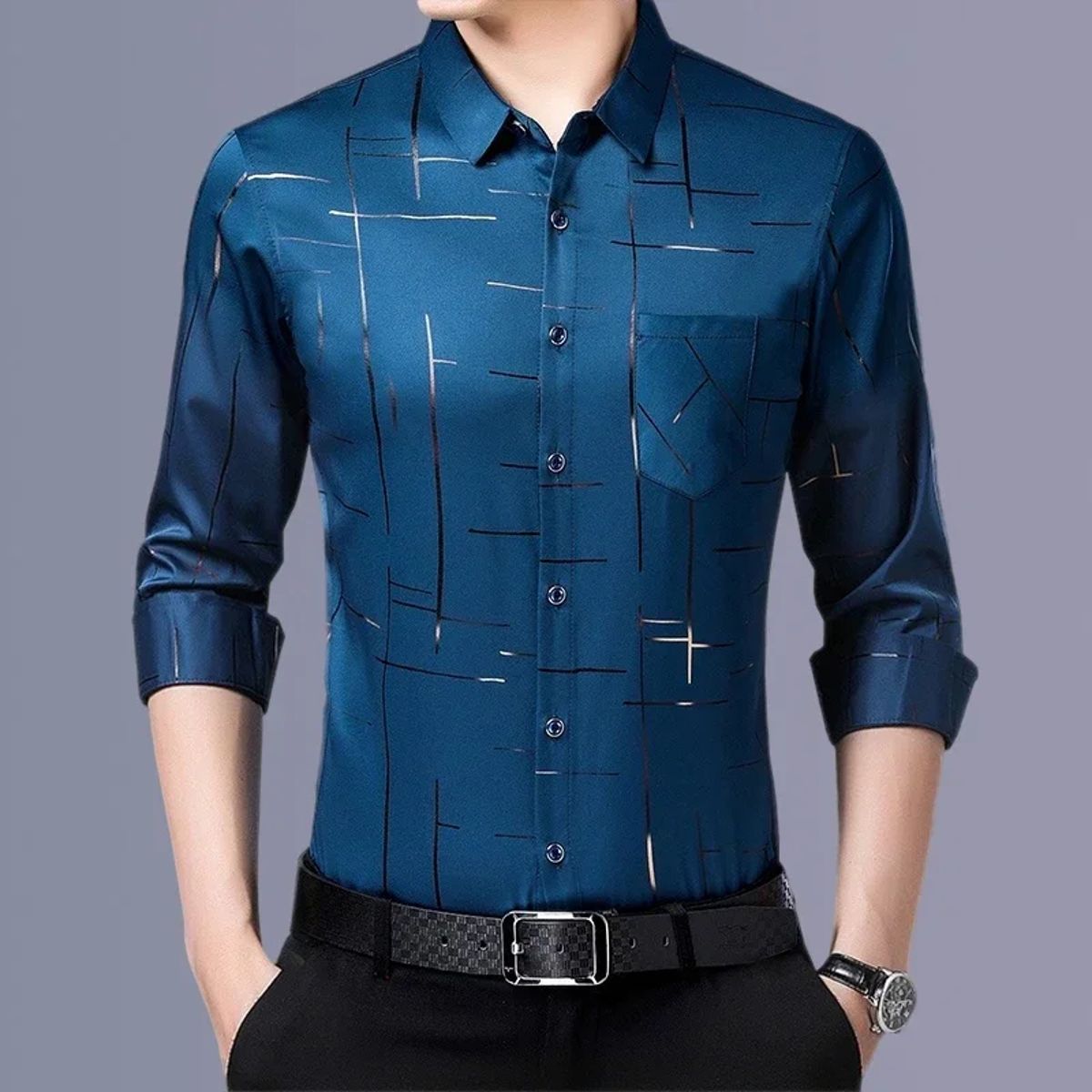 Long-Sleeved Printed Shirt – Wrinkle-Resistant Business Casual Top Yzq - Men's Long Sleeves Shirts