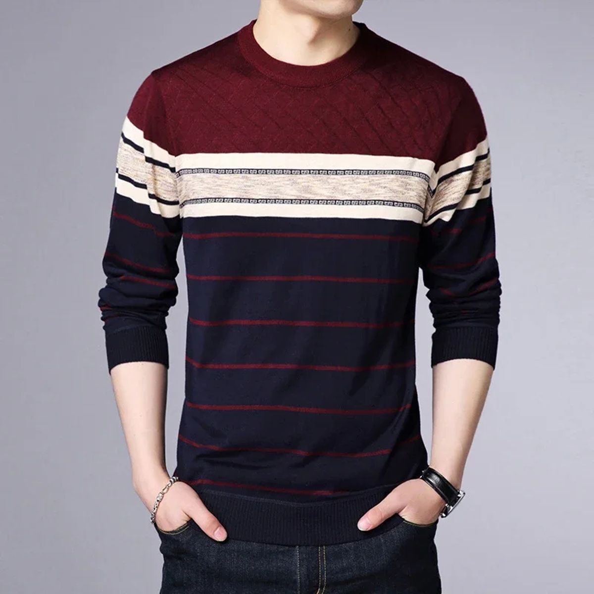 Striped Knit Pullover – Casual Long-Sleeved Top Yzq - Men's Pullovers