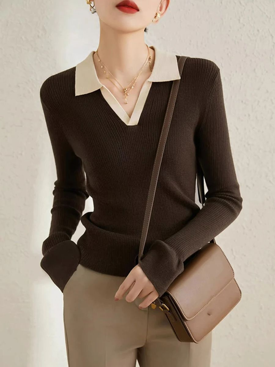 Polo Collar Knitted Sweater for Vintage Casual Style Aossviao - Women's Sweaters