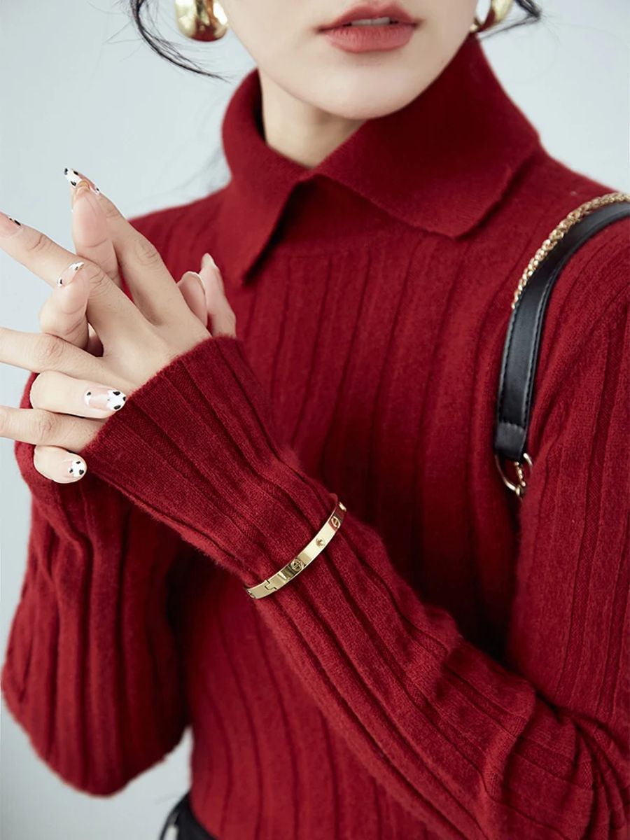 Polo Collar Women's Slim Fit Knitted Sweater for Fall/Winter Aossviao - Women's Sweaters
