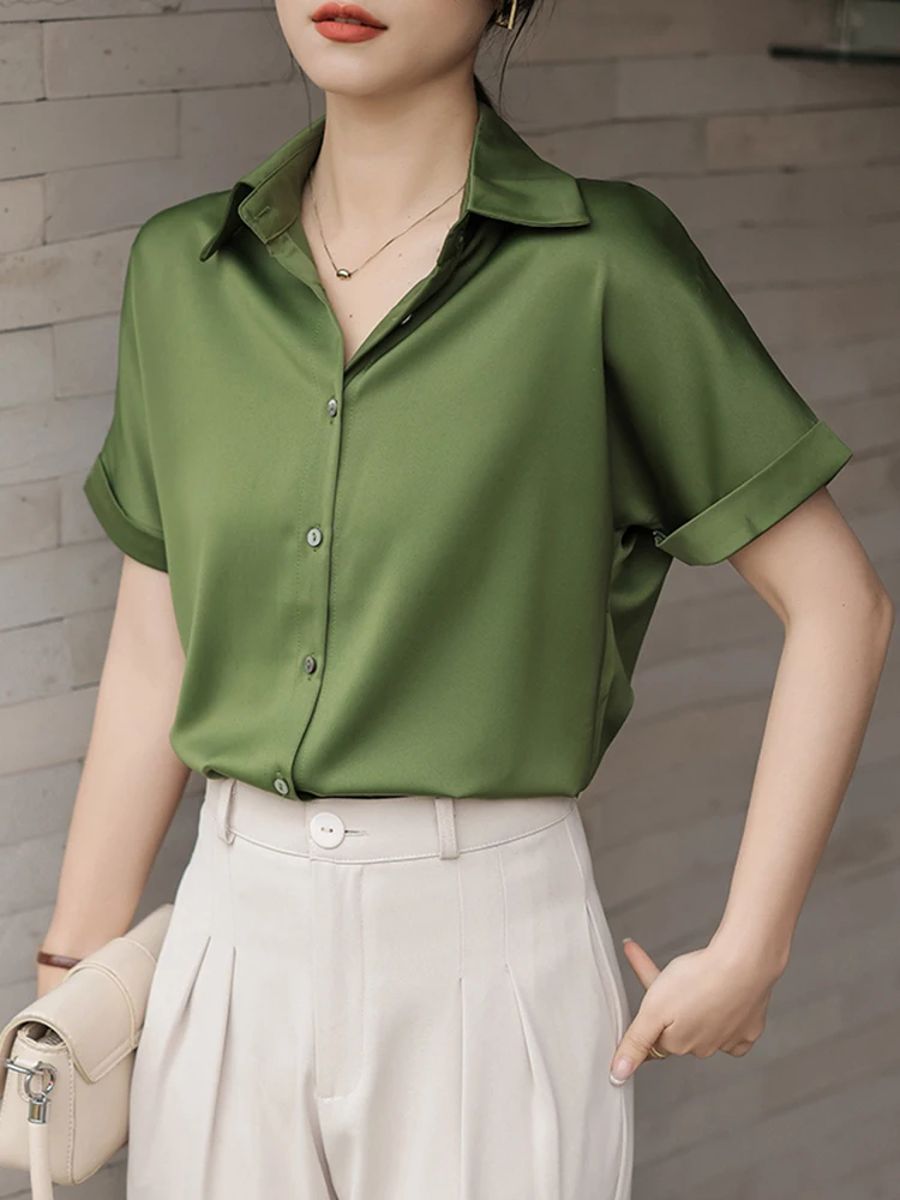 Elegant Satin Green Short Sleeve Blouse for Office Wear Aossviao - Women's Shirts & Blouses