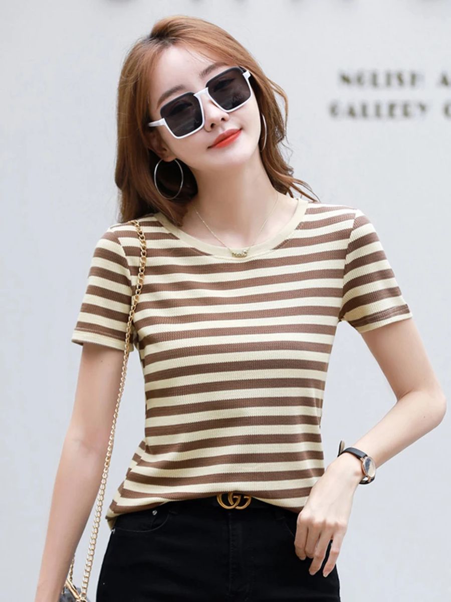 Casual Coffee Striped Cotton T-Shirt with O-Neck Design Aossviao - Women's Casual T-Shirt