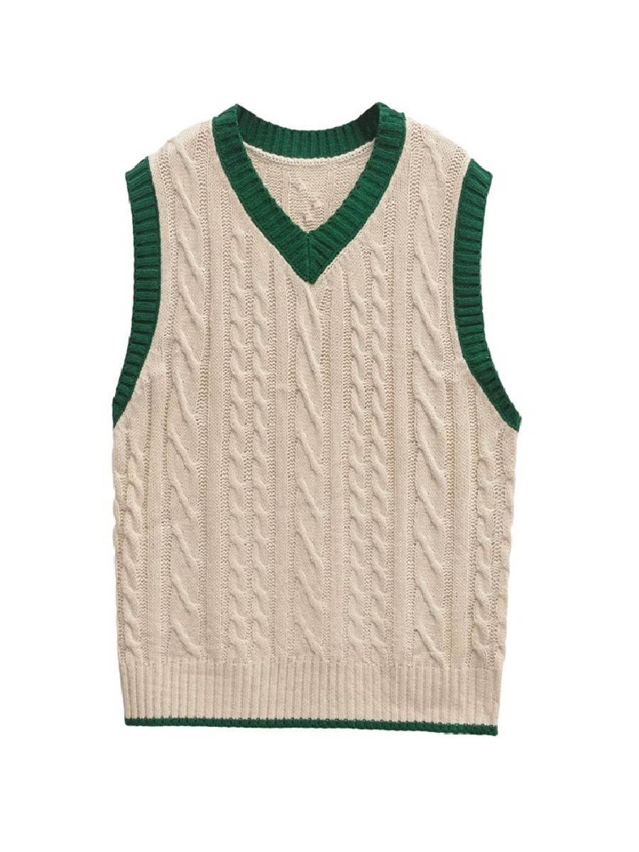 Twist Textured Knitted Sweater Vest with Contrast Colors Bruscrest - Women's Sweaters