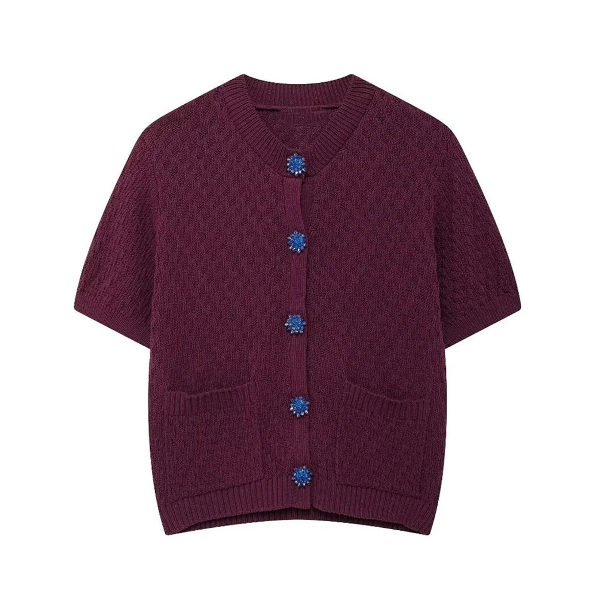 Luxury Knitted Cardigan with Jewel Buttons and Short Sleeves Bruscrest - Women's Cardigans