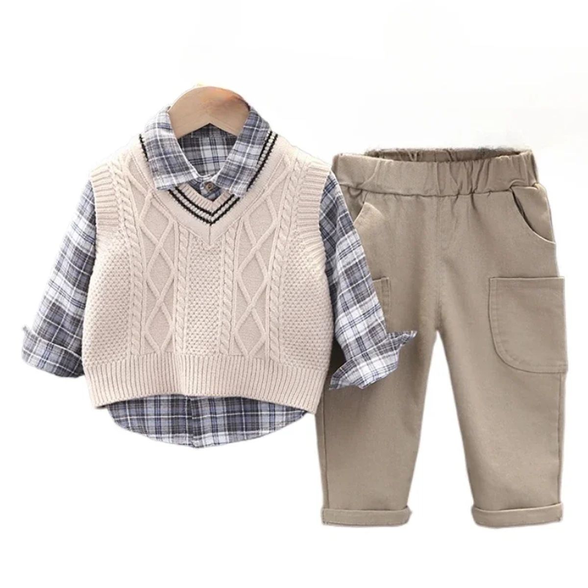 Kids Plaid Shirt Vest and Pants Set for Autumn Wear Byaxbxya - Kids's Sets
