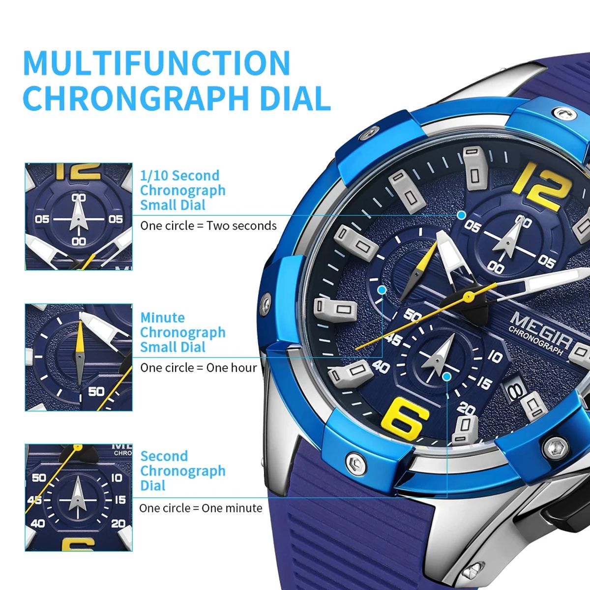 Silicone Strap Chronograph Watch with Luminous Hands & Calendar Megir - Men's Dress Watches 2