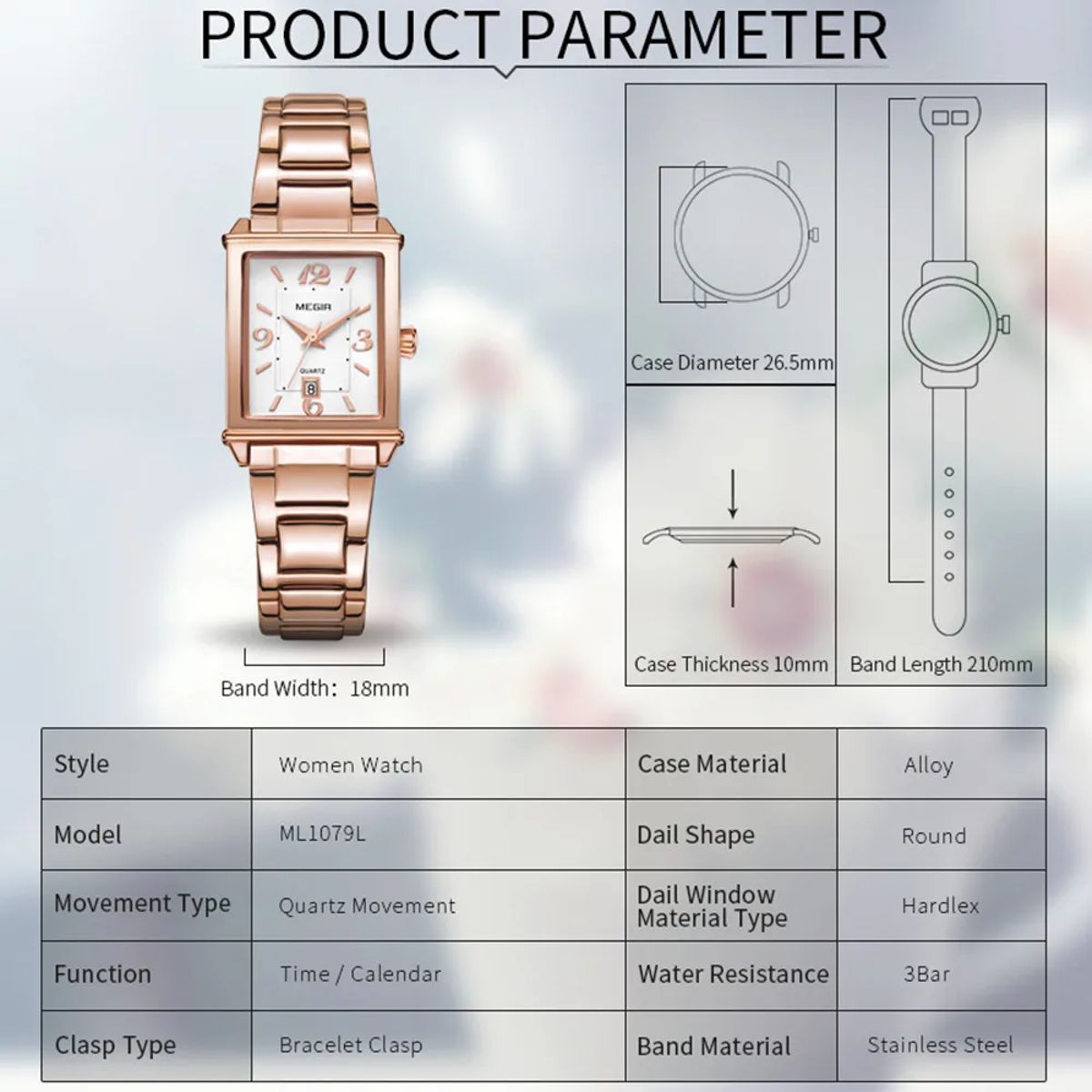 Women's Rectangle Dial Stainless Steel Bracelet Quartz Watch