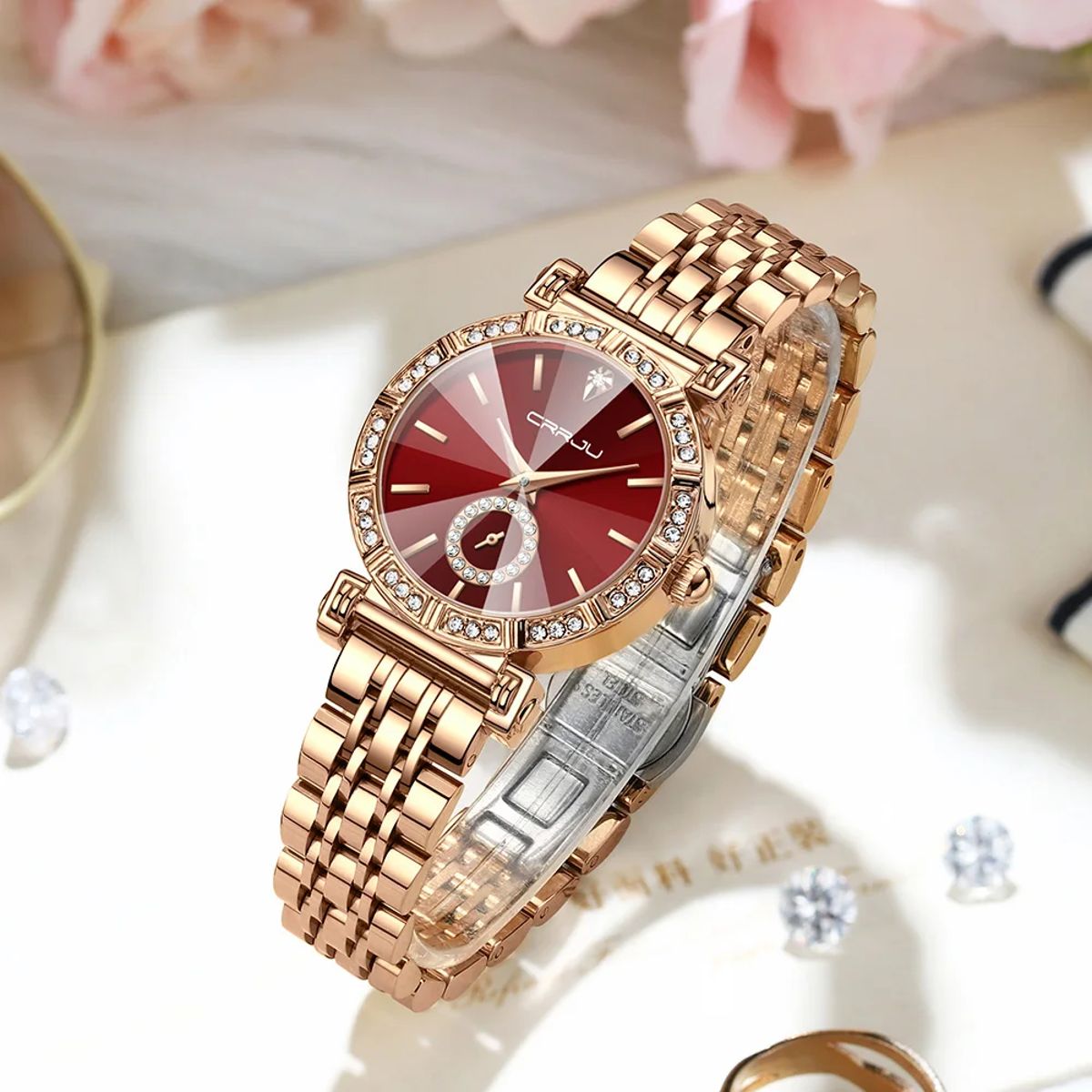 Women's Quartz Bracelet Watch with Rhinestone Detail and Steel Band