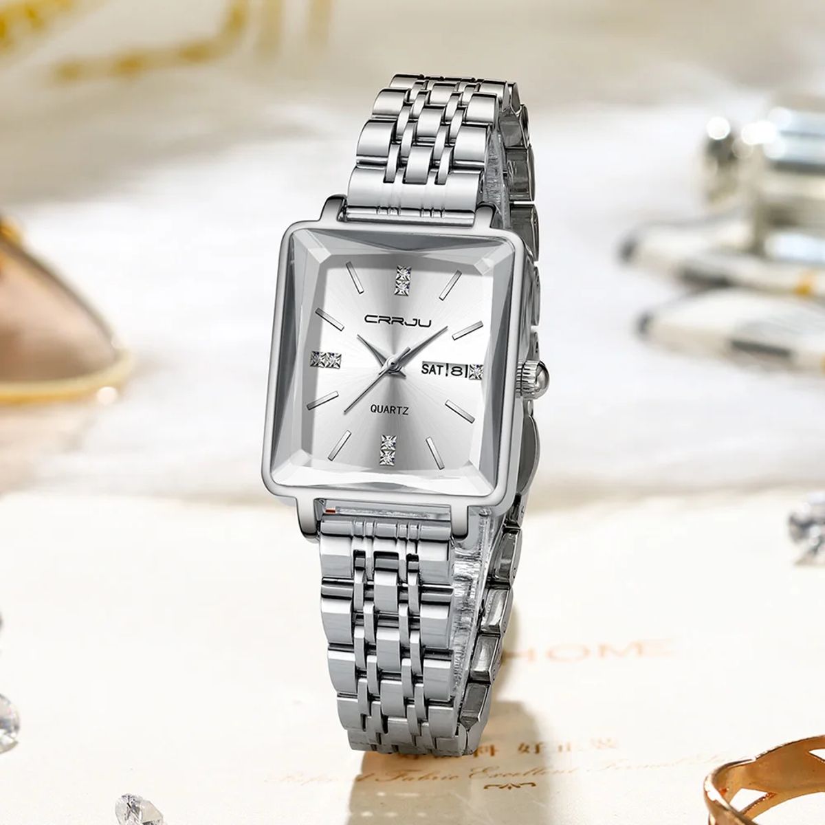 Square Quartz Watch with Stainless Steel Bracelet for Women