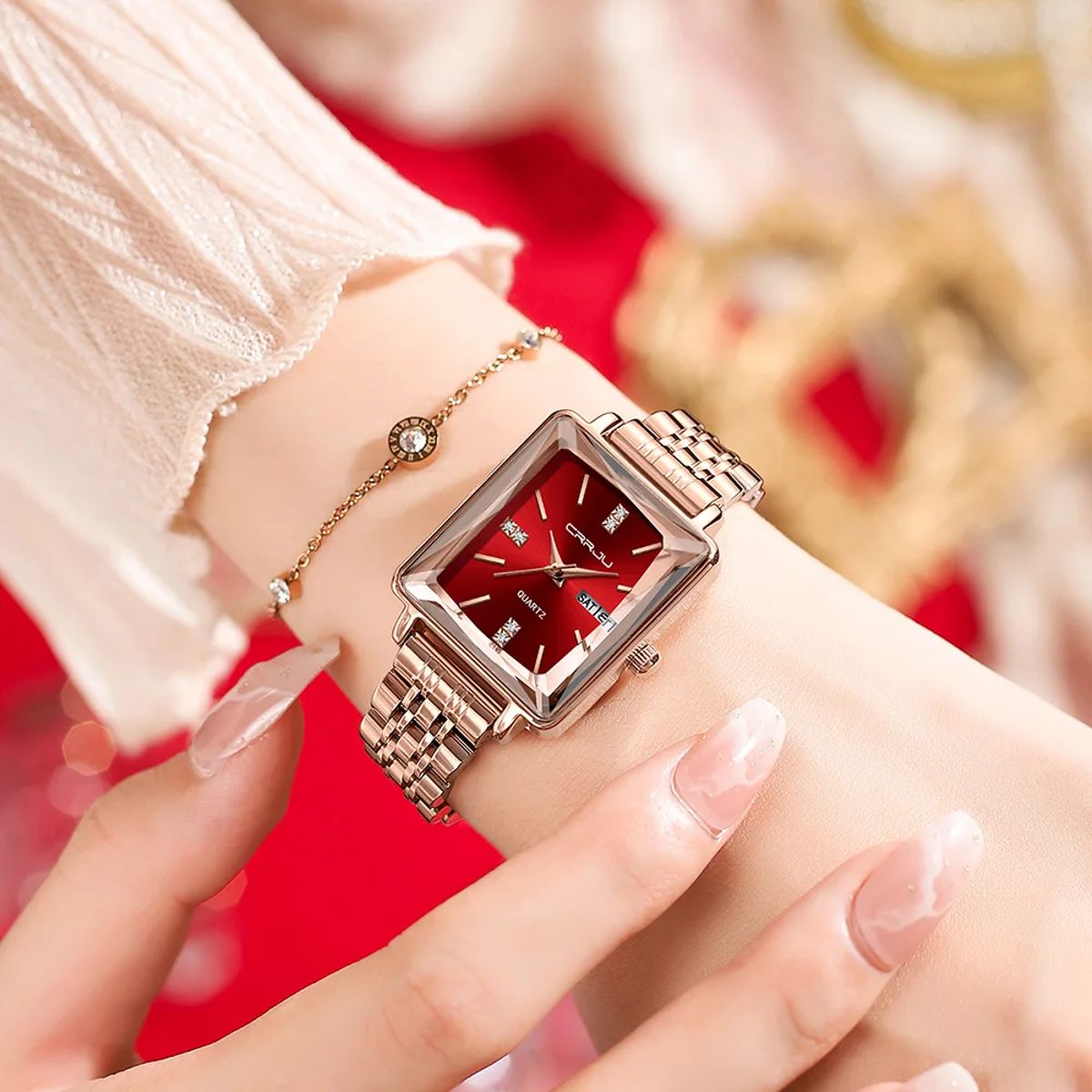 Square Quartz Watch with Stainless Steel Bracelet for Women
