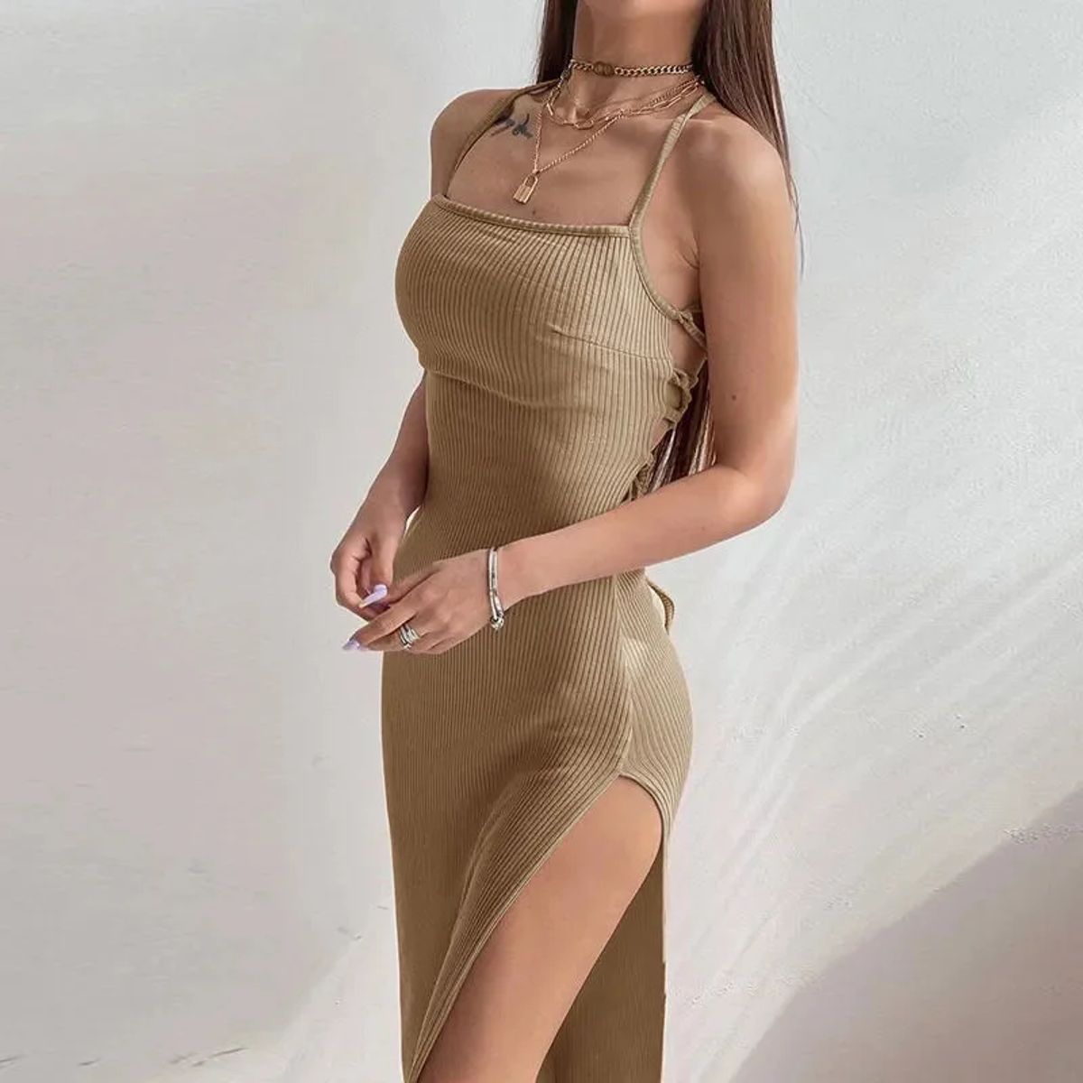 Chic Sleeveless Bodycon Dress for Women with High Split & Halter Neck